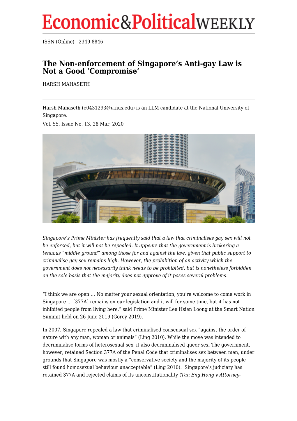 The Non-Enforcement of Singapore's Anti-Gay Law Is Not a Good 'Compromise'