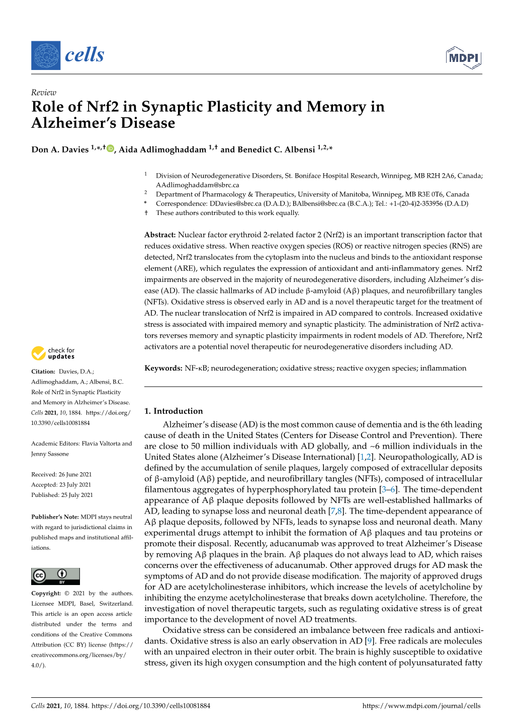 Role of Nrf2 in Synaptic Plasticity and Memory in Alzheimer's Disease