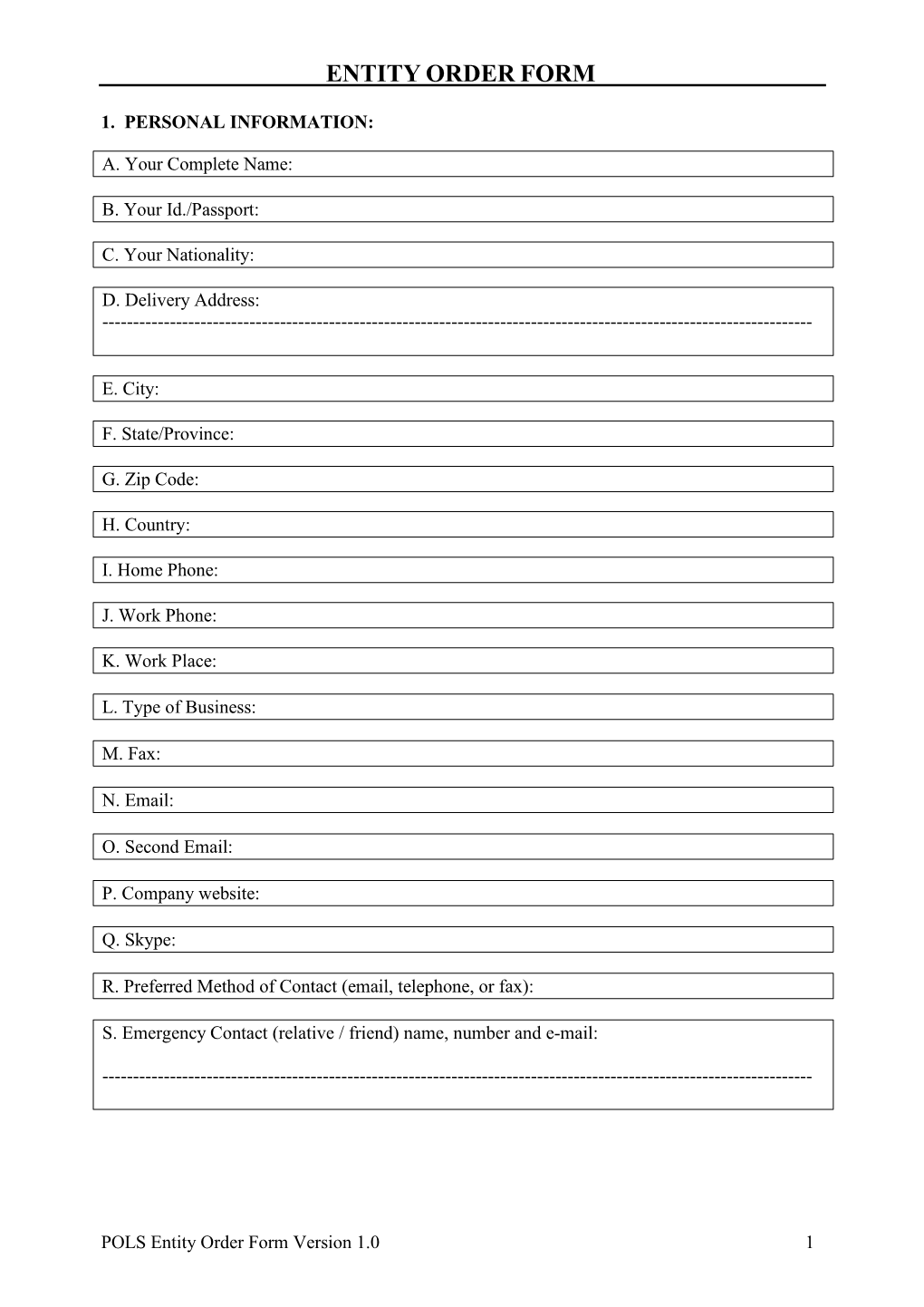 POLS Corporation & Foundation Order Form