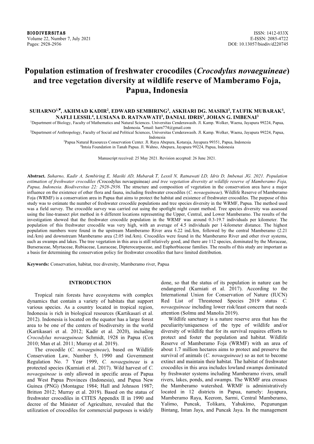 Population Estimation of Freshwater Crocodiles (Crocodylus Novaeguineae) and Tree Vegetation Diversity at Wildlife Reserve of Mamberamo Foja, Papua, Indonesia