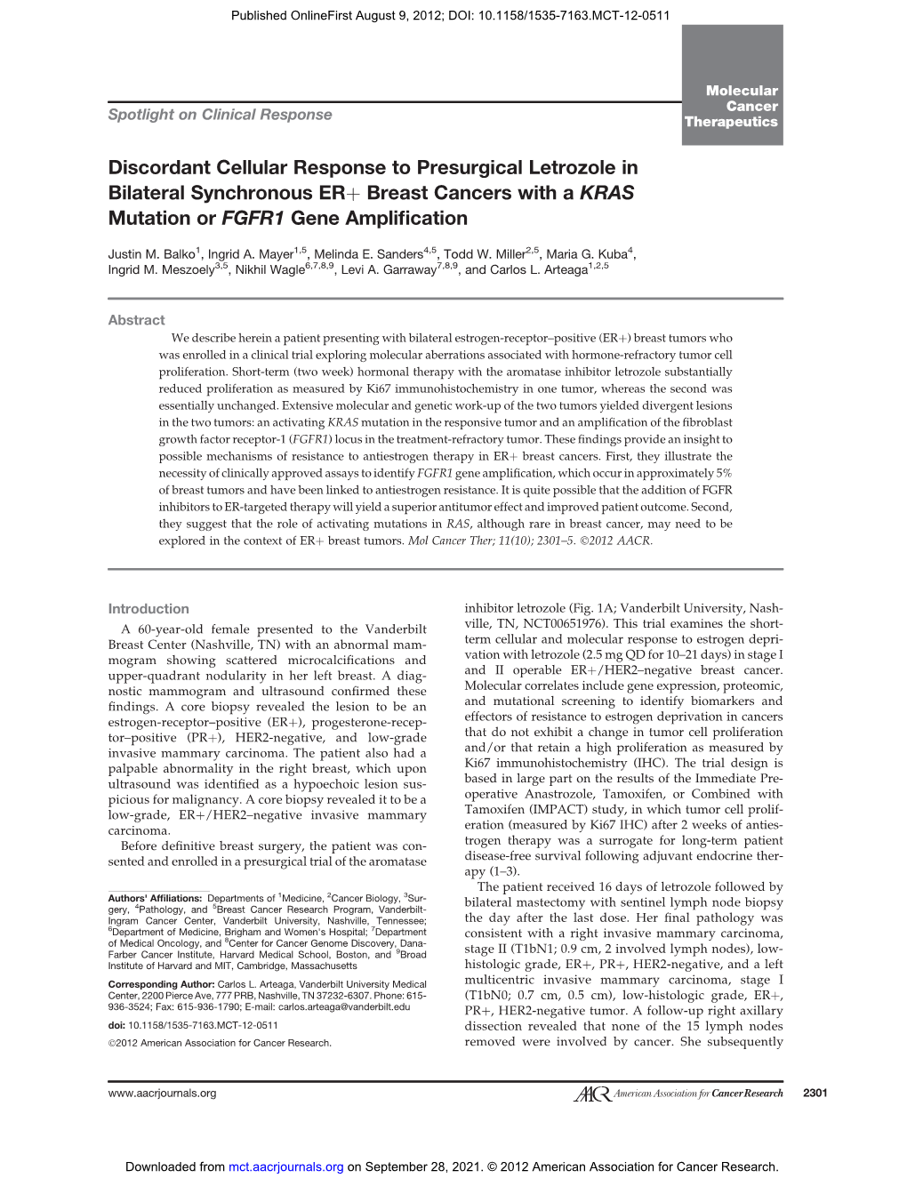 Discordant Cellular Response to Presurgical Letrozole in Bilateral Synchronous Erþ Breast Cancers with a KRAS Mutation Or FGFR1 Gene Ampliﬁcation