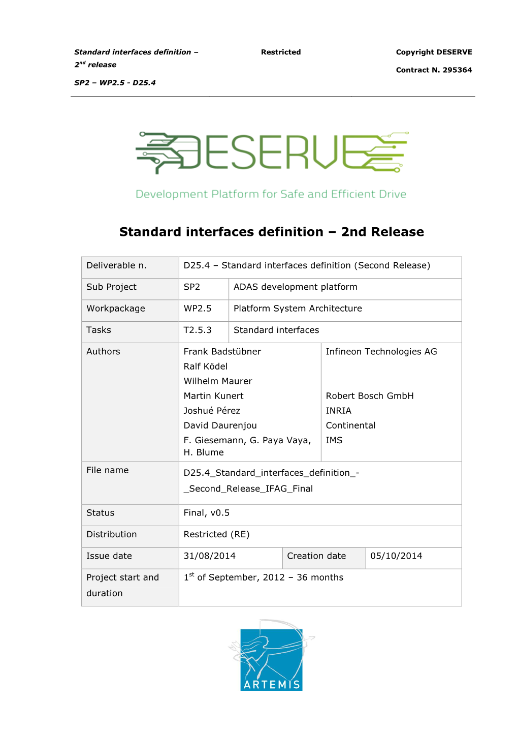 Standard Interfaces Definition – Restricted Copyright DESERVE 2Nd Release Contract N