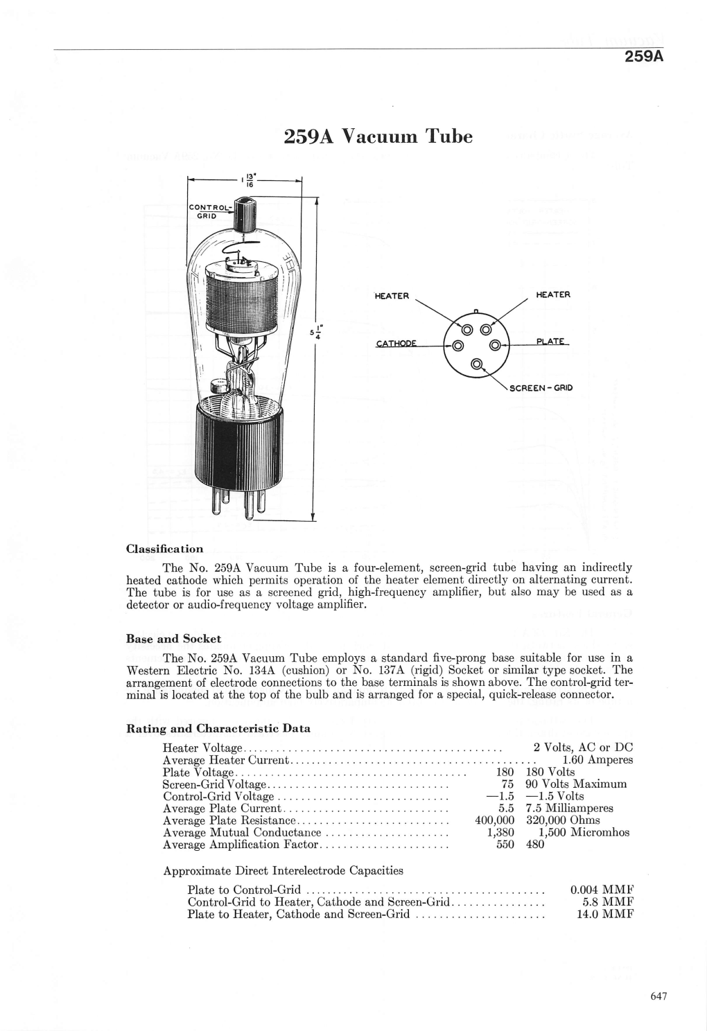 259A Vacuum Tube Is a Four-Element, Screen-Grid Tube Having an Indirectly Heated Cathode Which Permits Operation of the Heater Element Directly on Alternating Current