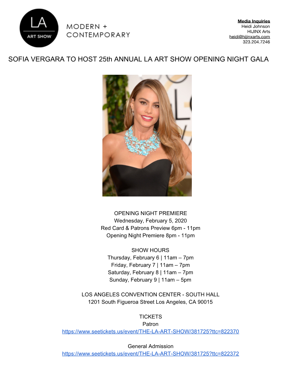 SOFIA VERGARA to HOST 25Th ANNUAL LA ART SHOW OPENING NIGHT GALA