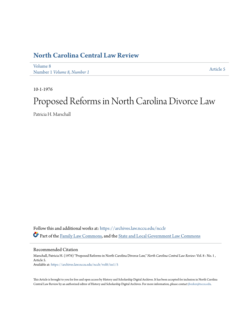 Proposed Reforms in North Carolina Divorce Law Patricia H