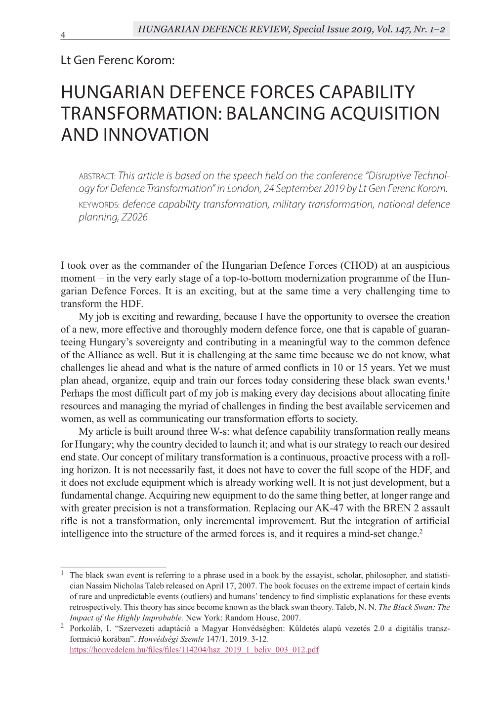 Hungarian Defence Forces Capability Transformation: Balancing Acquisition and Innovation
