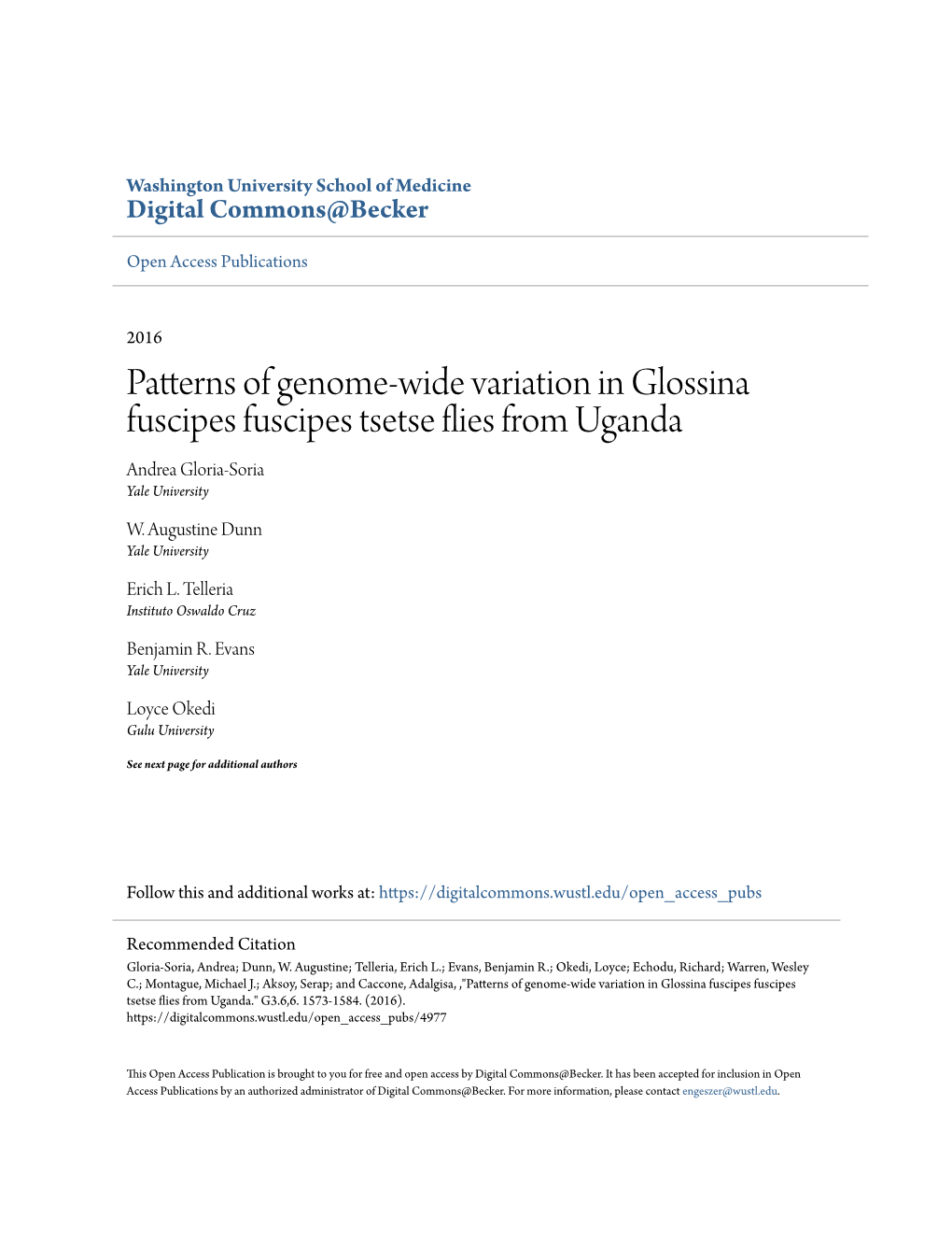 Patterns of Genome-Wide Variation in Glossina Fuscipes Fuscipes Tsetse Flies from Uganda Andrea Gloria-Soria Yale University