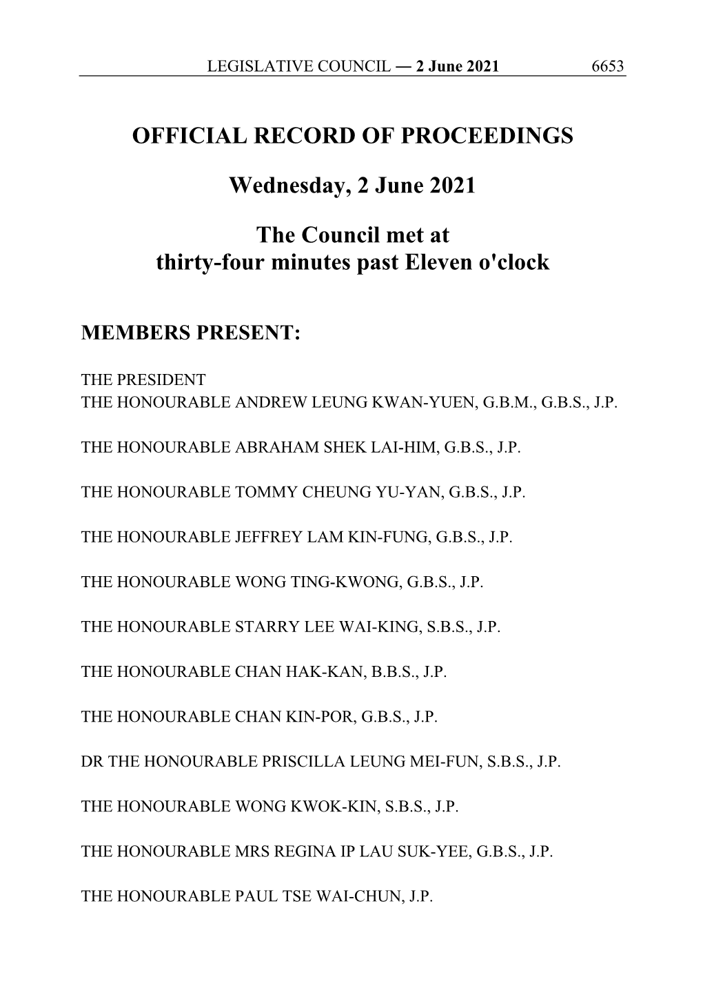 OFFICIAL RECORD of PROCEEDINGS Wednesday, 2