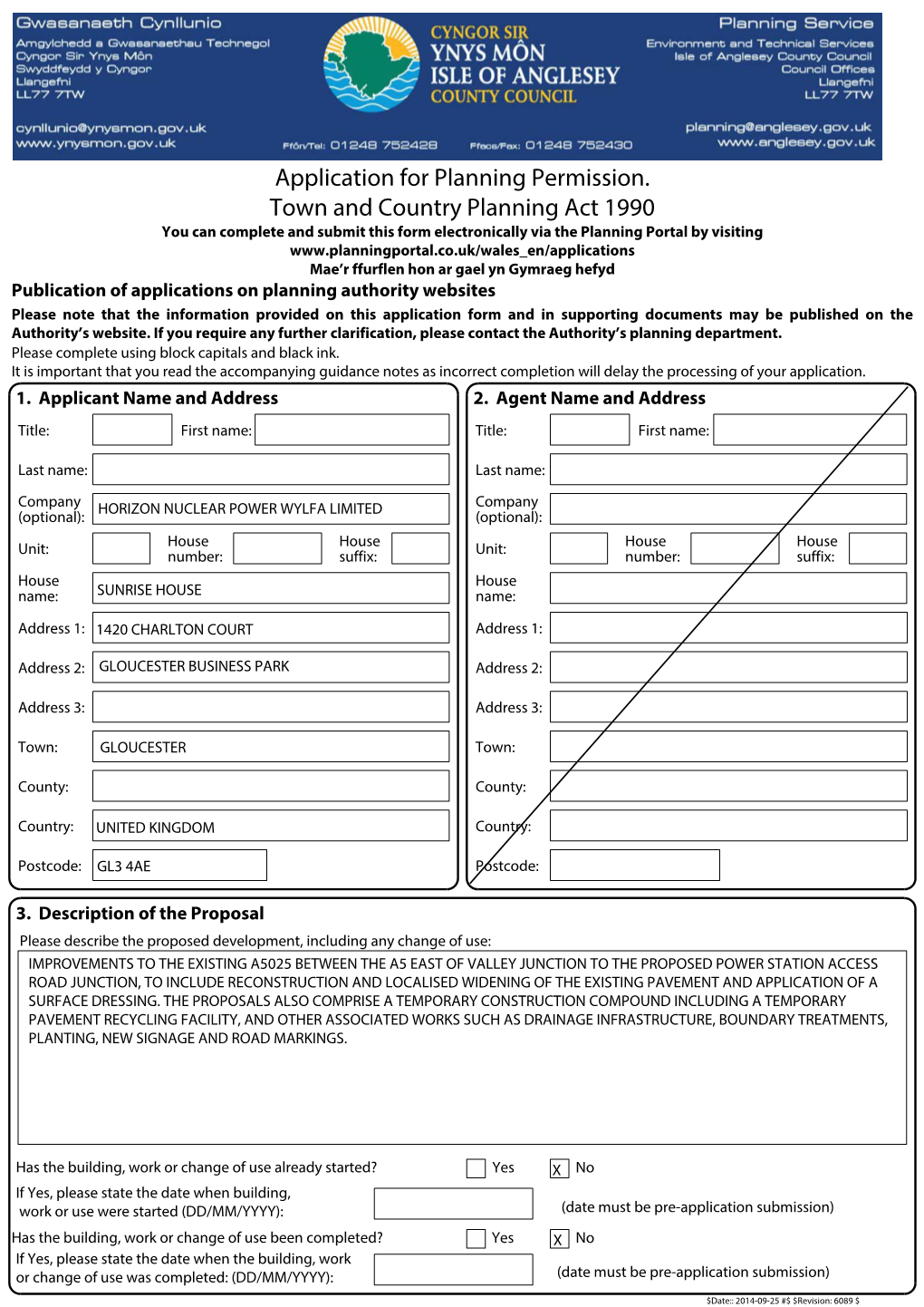 Application for Planning Permission. Town and Country Planning Act 1990