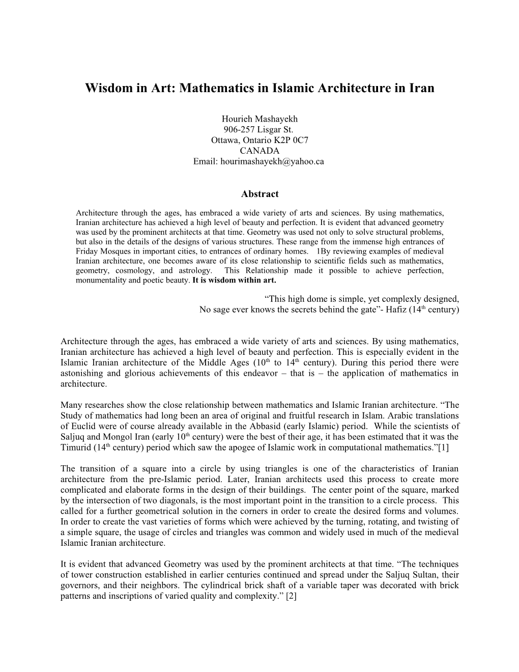 Wisdom in Art: Mathematics in Islamic Architecture in Iran