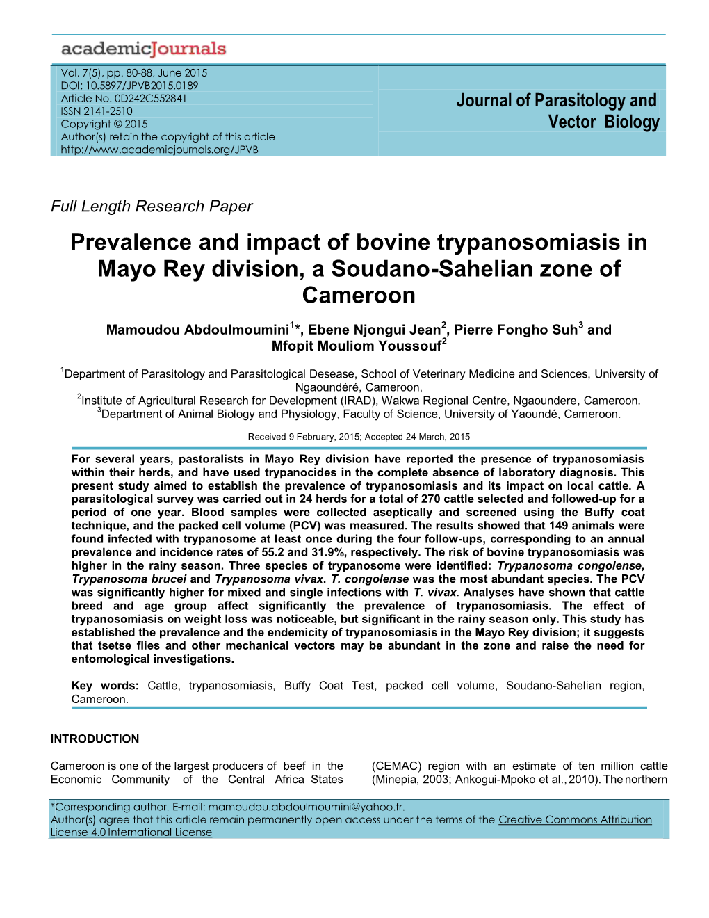 Prevalence and Impact of Bovine Trypanosomiasis in Mayo Rey Division, a Soudano-Sahelian Zone of Cameroon