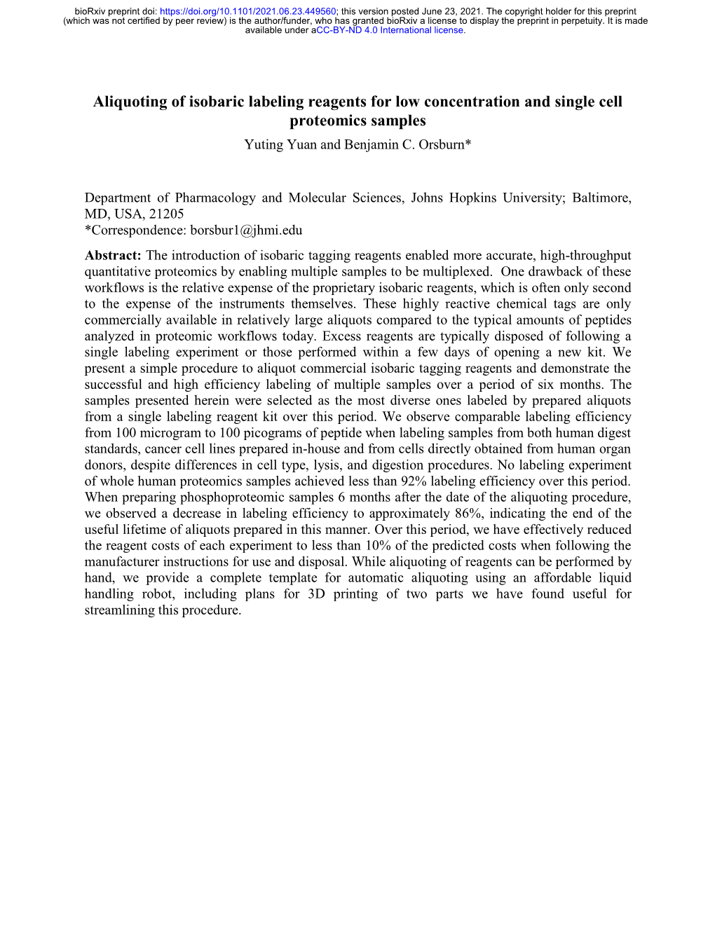 Aliquoting of Isobaric Labeling Reagents for Low Concentration and Single Cell Proteomics Samples Yuting Yuan and Benjamin C