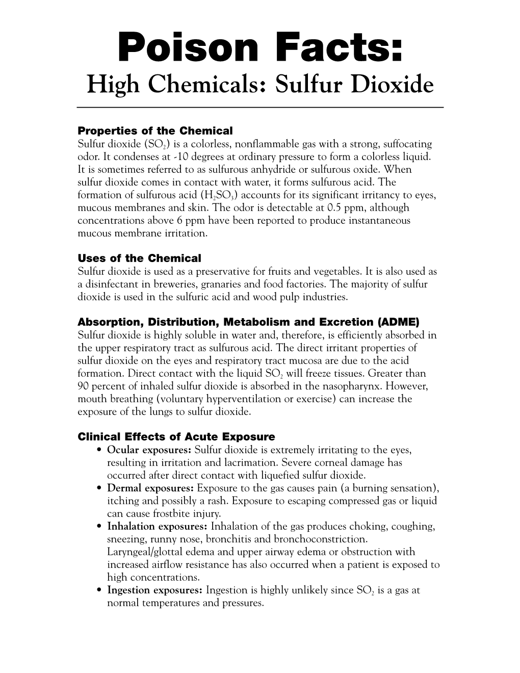 Poison Facts: High Chemicals: Sulfur Dioxide