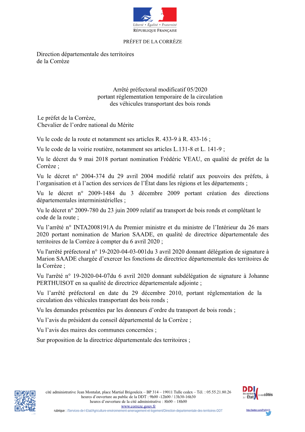 Direction Départementale Des Territoires De La Corrèze Arrêté