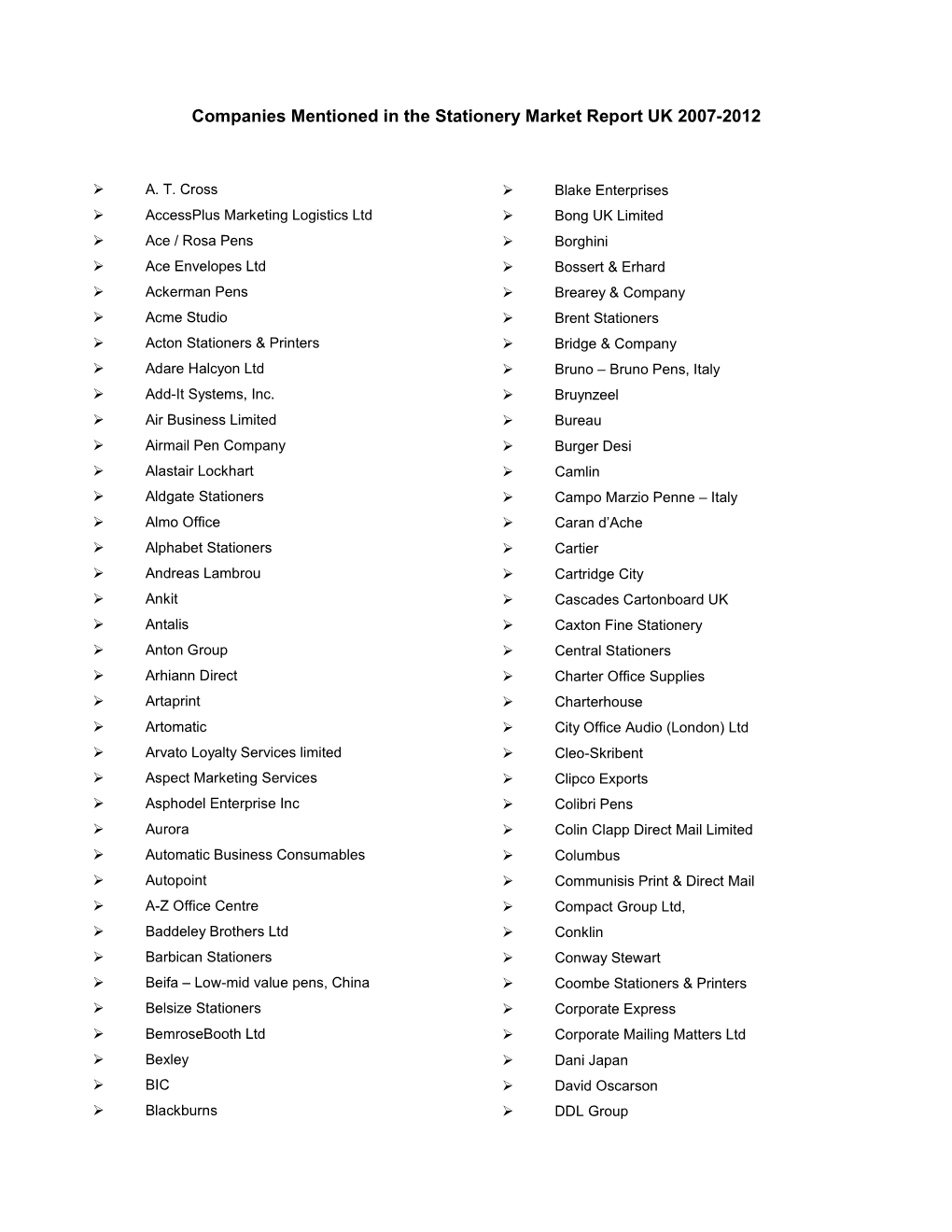 Companies Mentioned in the Stationery Market Report UK 2007-2012