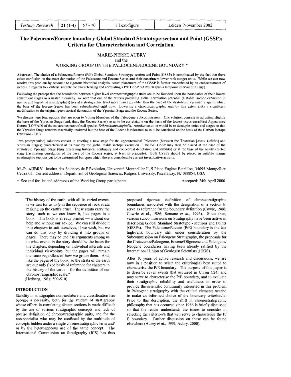 The Paleocene/Eocene Boundary Global Standard Stratotype-Section and Point (GSSP): Criteria for Characterisation and Correlation