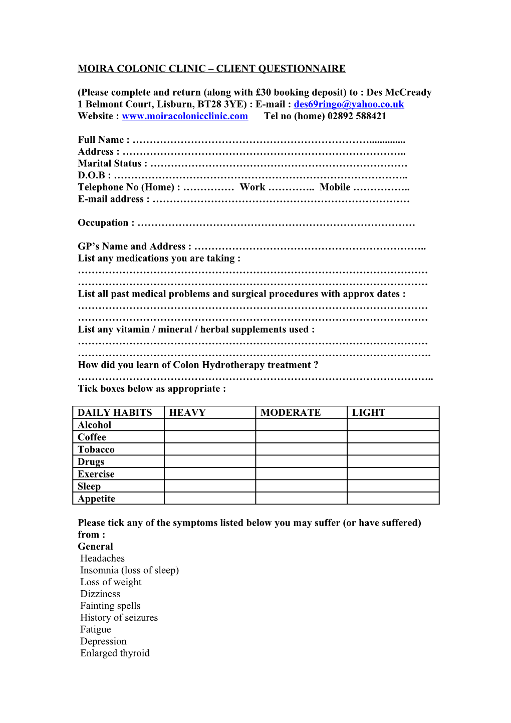 Moira Colonic Clinic Client Questionnaire