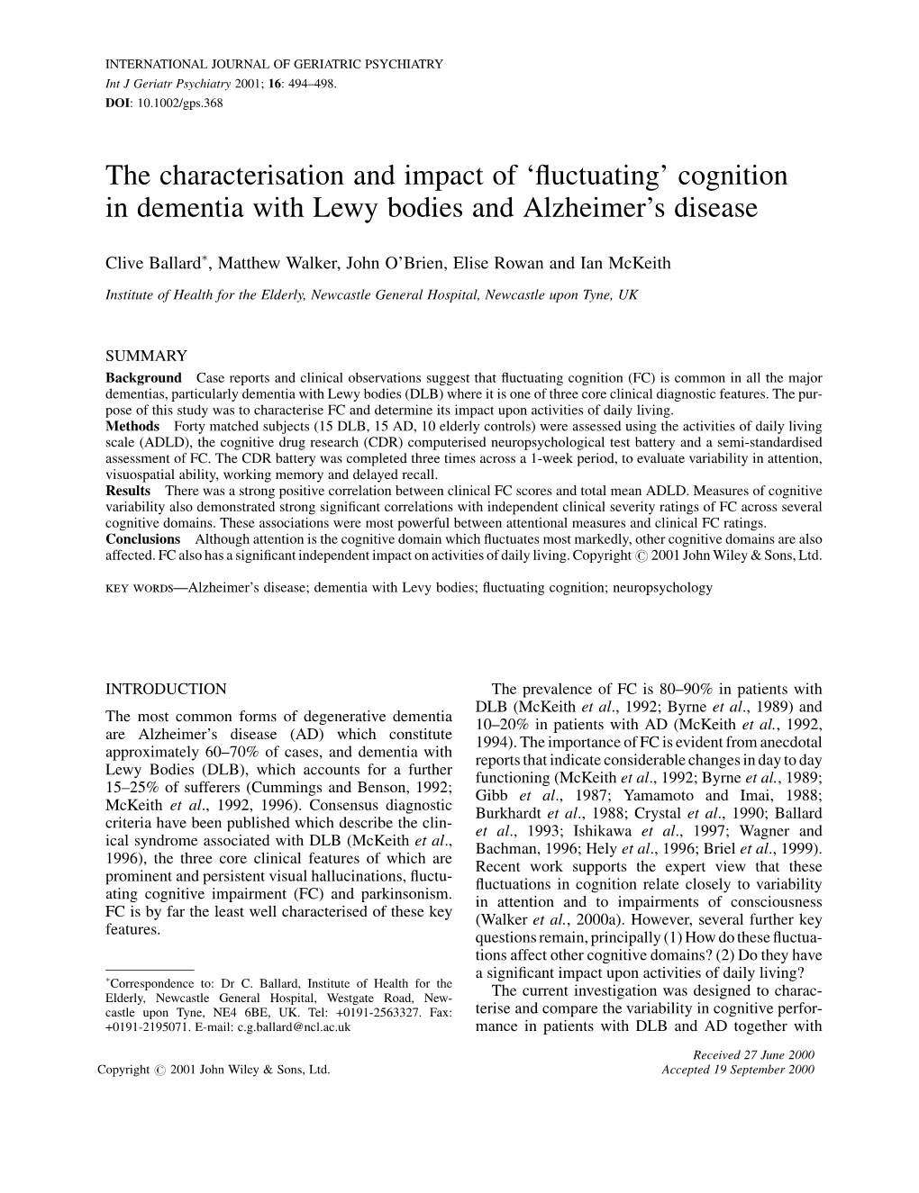 Fluctuating' Cognition in Dementia with Lewy Bodies And