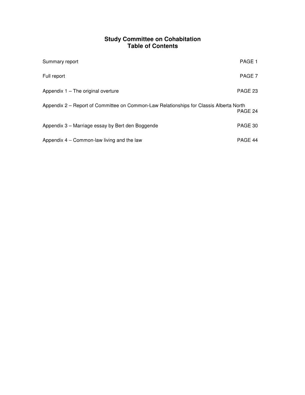 Study Committee on Cohabitation Table of Contents