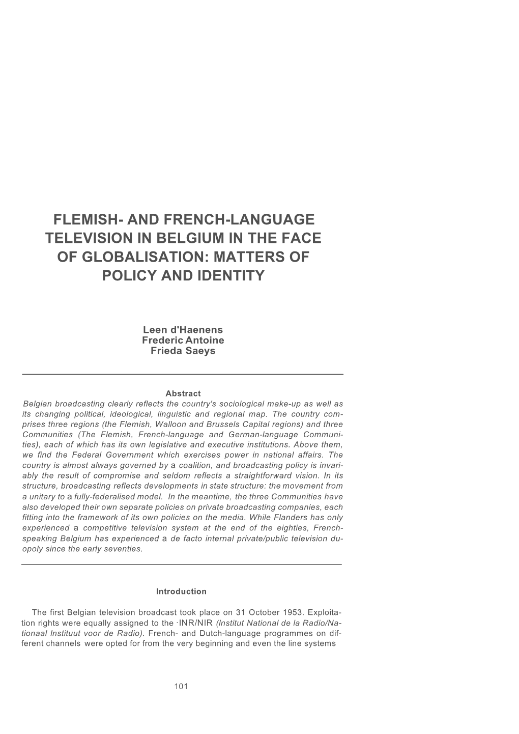 Flemish- and French-Language Television in Belgium in the Face of Globalisation: Matters of Policy and Identity