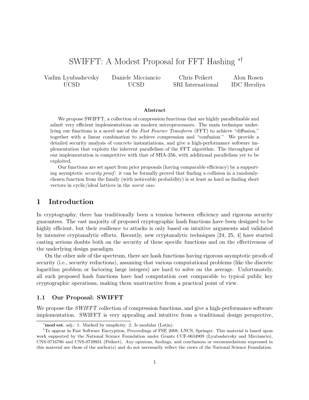 SWIFFT: a Modest Proposal for FFT Hashing ∗†