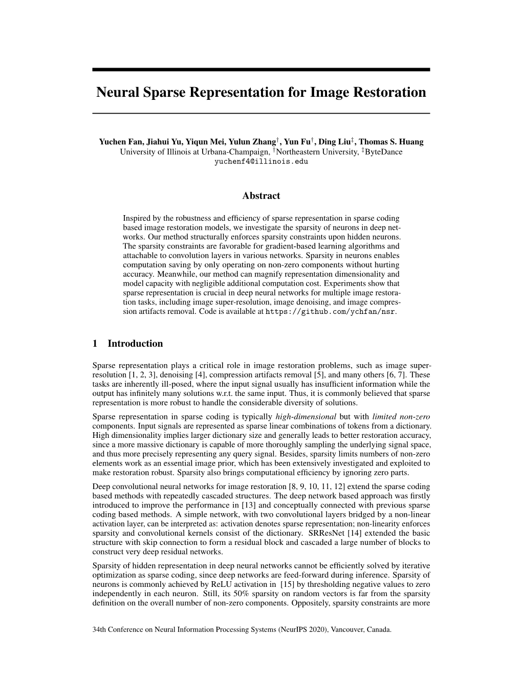 Neural Sparse Representation for Image Restoration