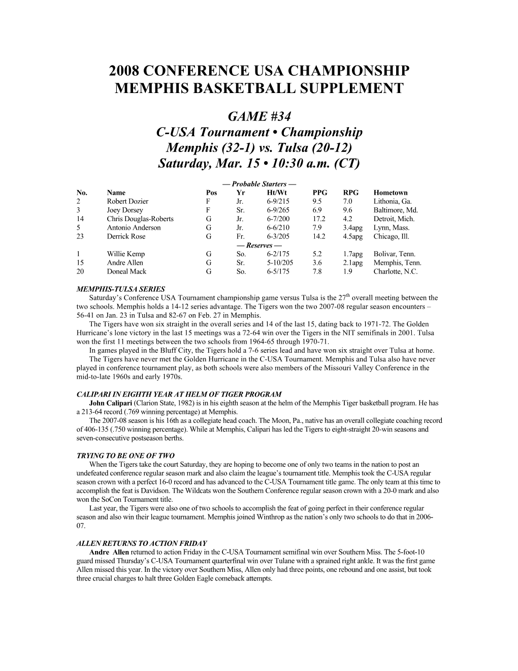 2008 Conference Usa Championship Memphis Basketball Supplement