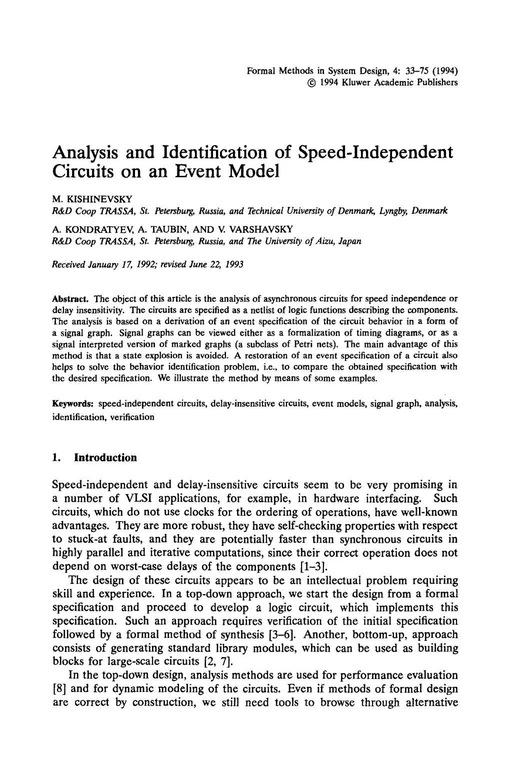 Analysis and Identification of Speed-Independent Circuits on an Event Model
