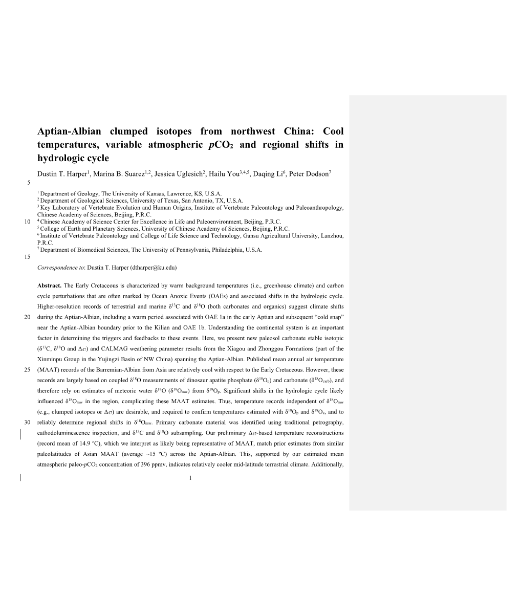 Aptian-Albian Clumped Isotopes from Northwest China: Cool Temperatures, Variable Atmospheric Pco2 and Regional Shifts in Hydrologic Cycle Dustin T