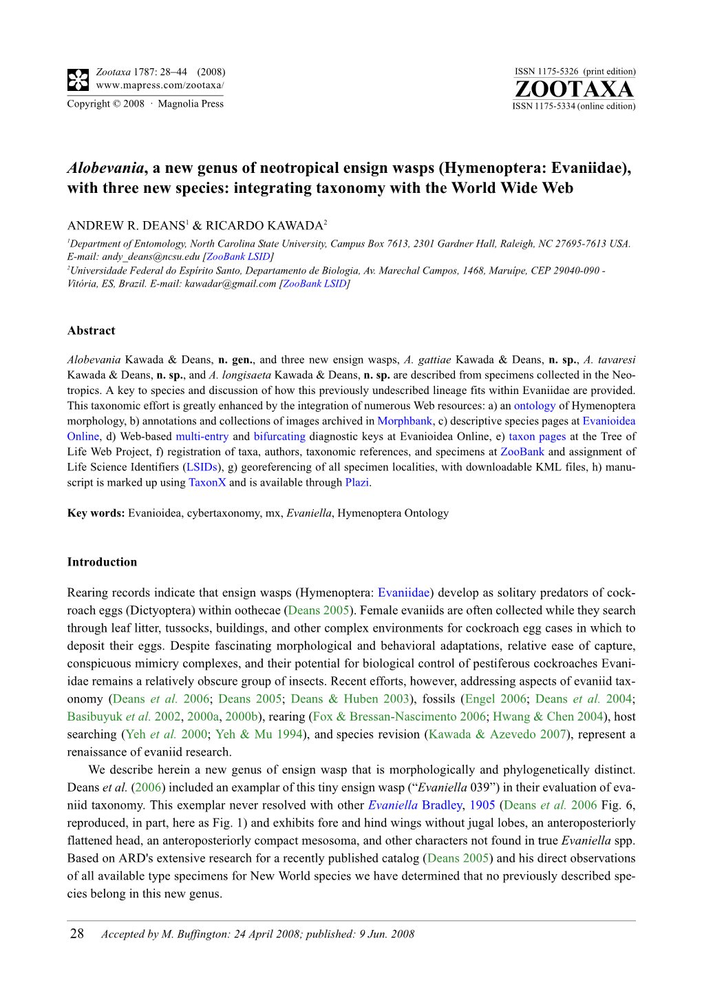 Alobevania, a New Genus of Neotropical Ensign Wasps (Hymenoptera: Evaniidae), with Three New Species: Integrating Taxonomy with the World Wide Web