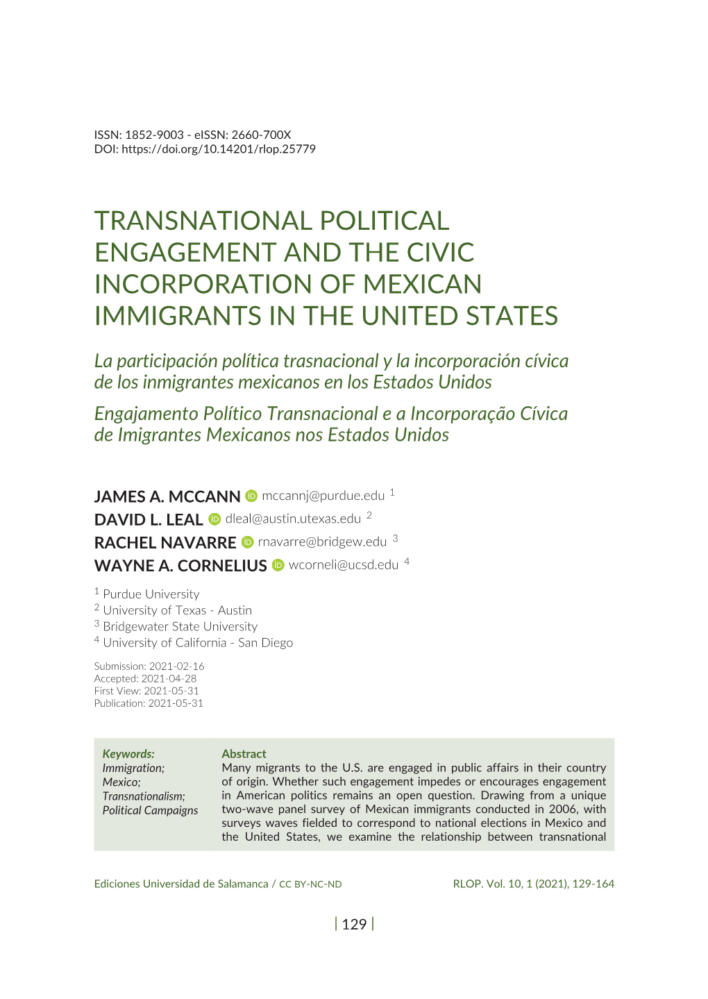 Transnational Political Engagement and the Civic Incorporation of Mexican Immigrants in the United States