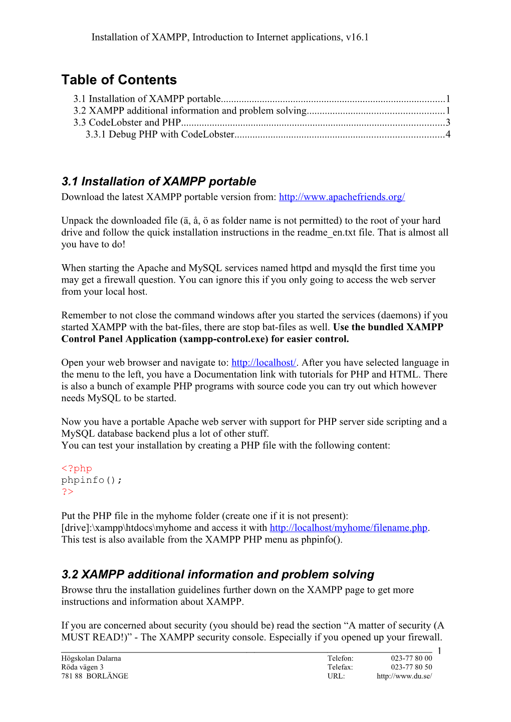 Table of Contents 3.1 Installation of XAMPP Portable