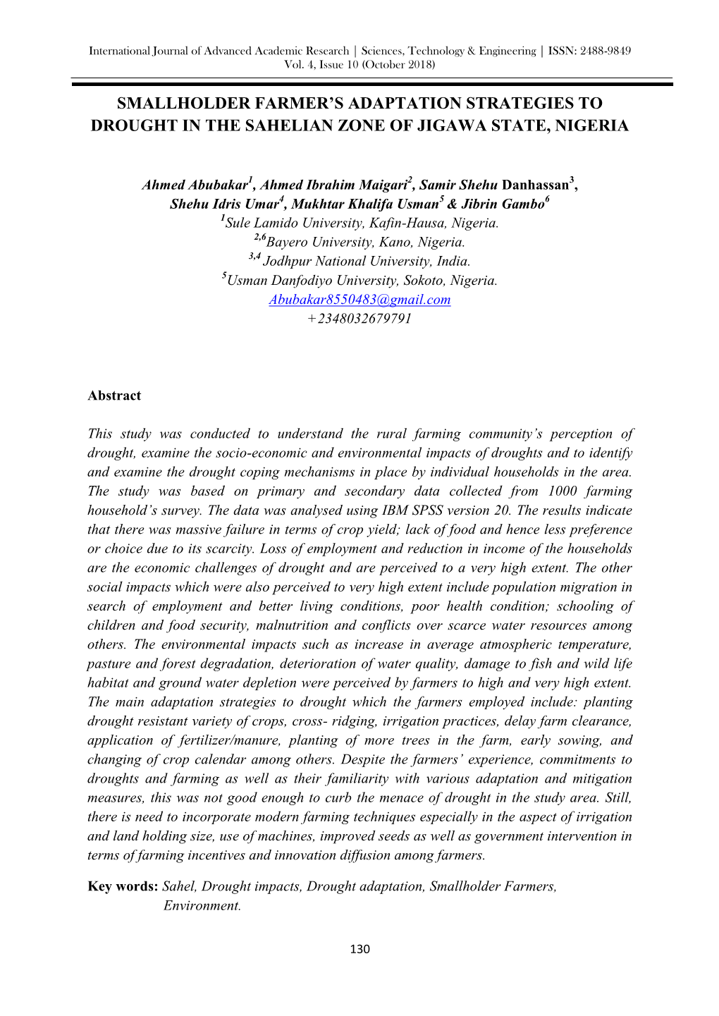 Smallholder Farmer's Adaptation Strategies to Drought in the Sahelian