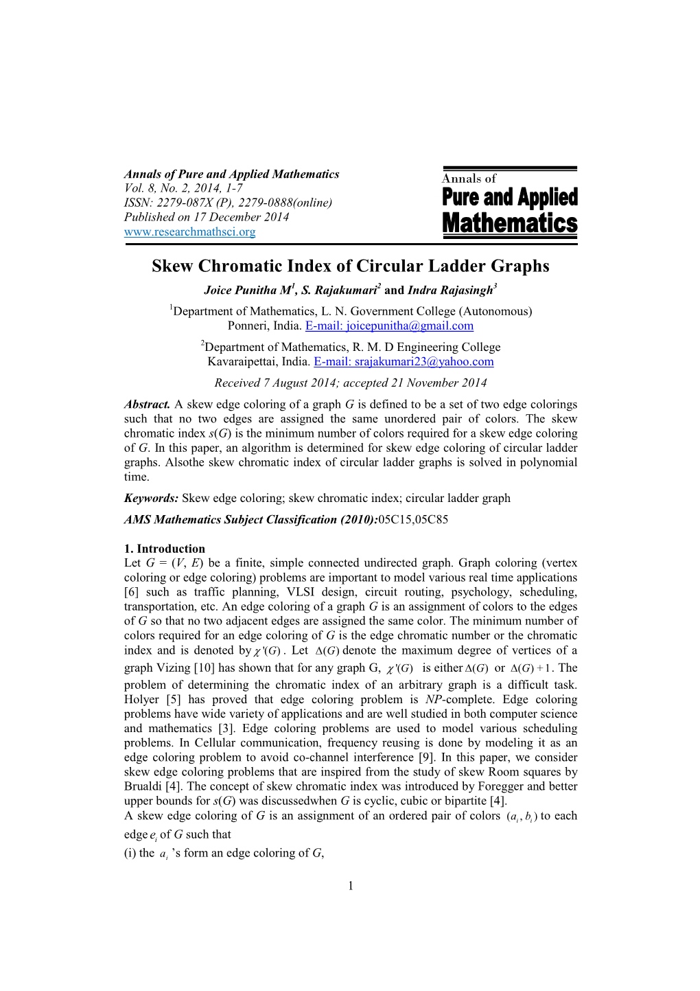 Skew Chromatic Index of Circular Ladder Graphs Joice Punitha M 1, S