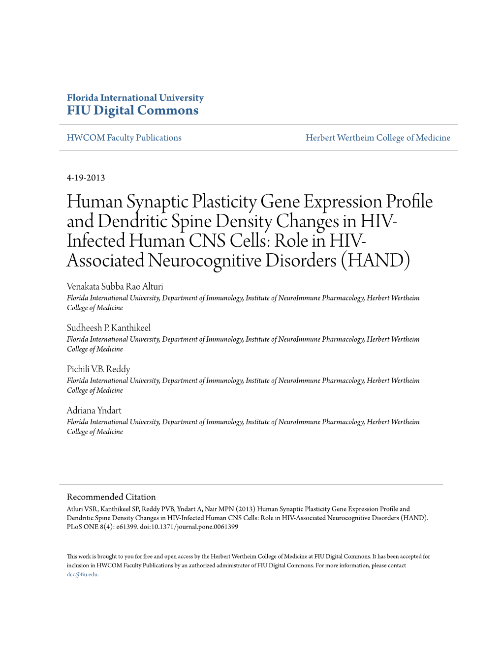 Human Synaptic Plasticity Gene Expression Profile and Dendritic Spine Density Changes in HIV-Infected Human CNS Cells