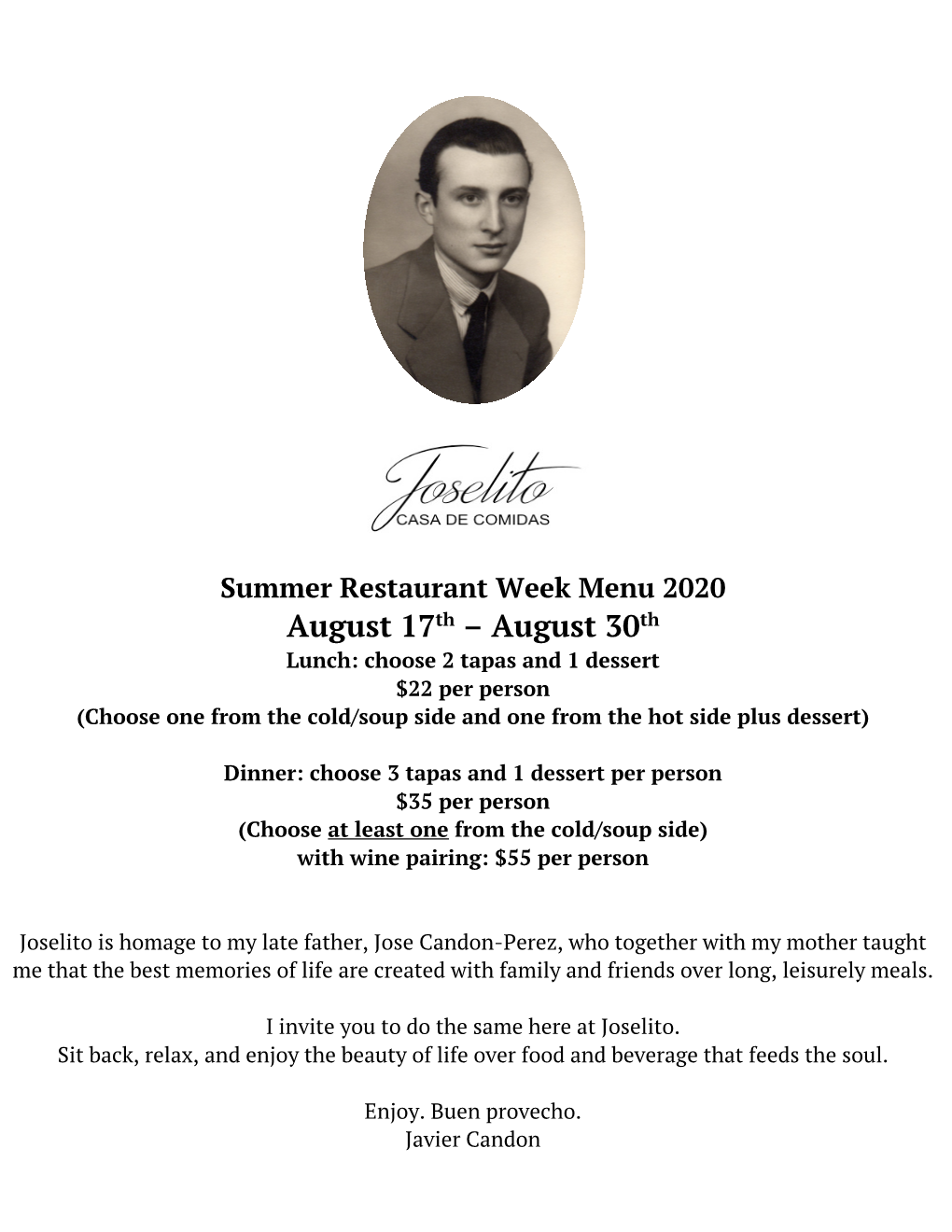 Summer Restaurant Week Menu 2020