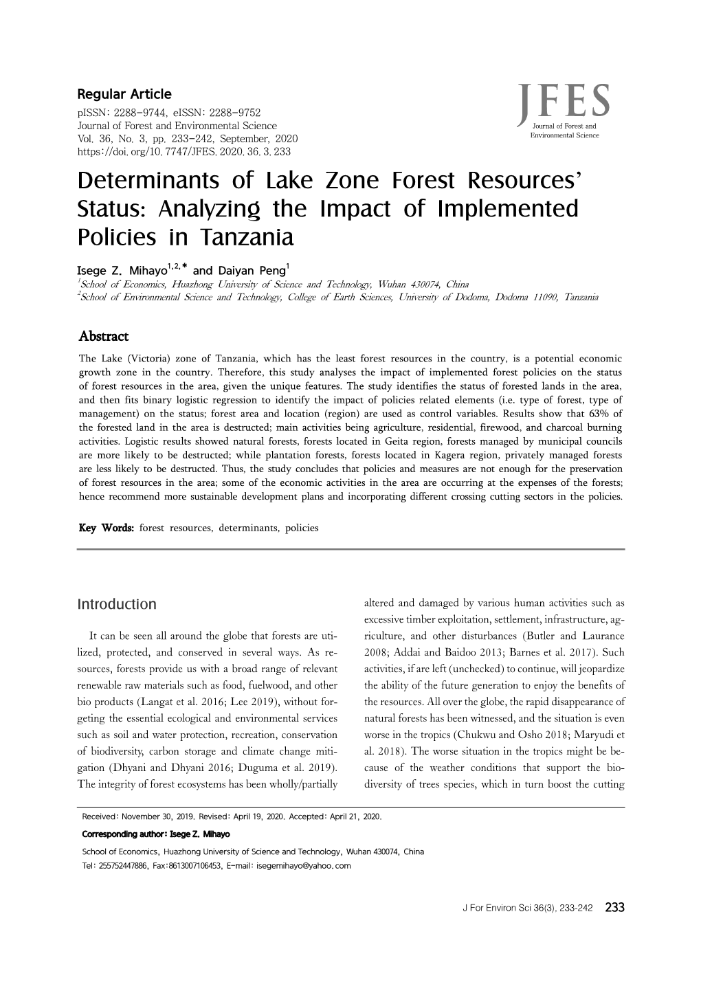 Determinants of Lake Zone Forest Resources' Status