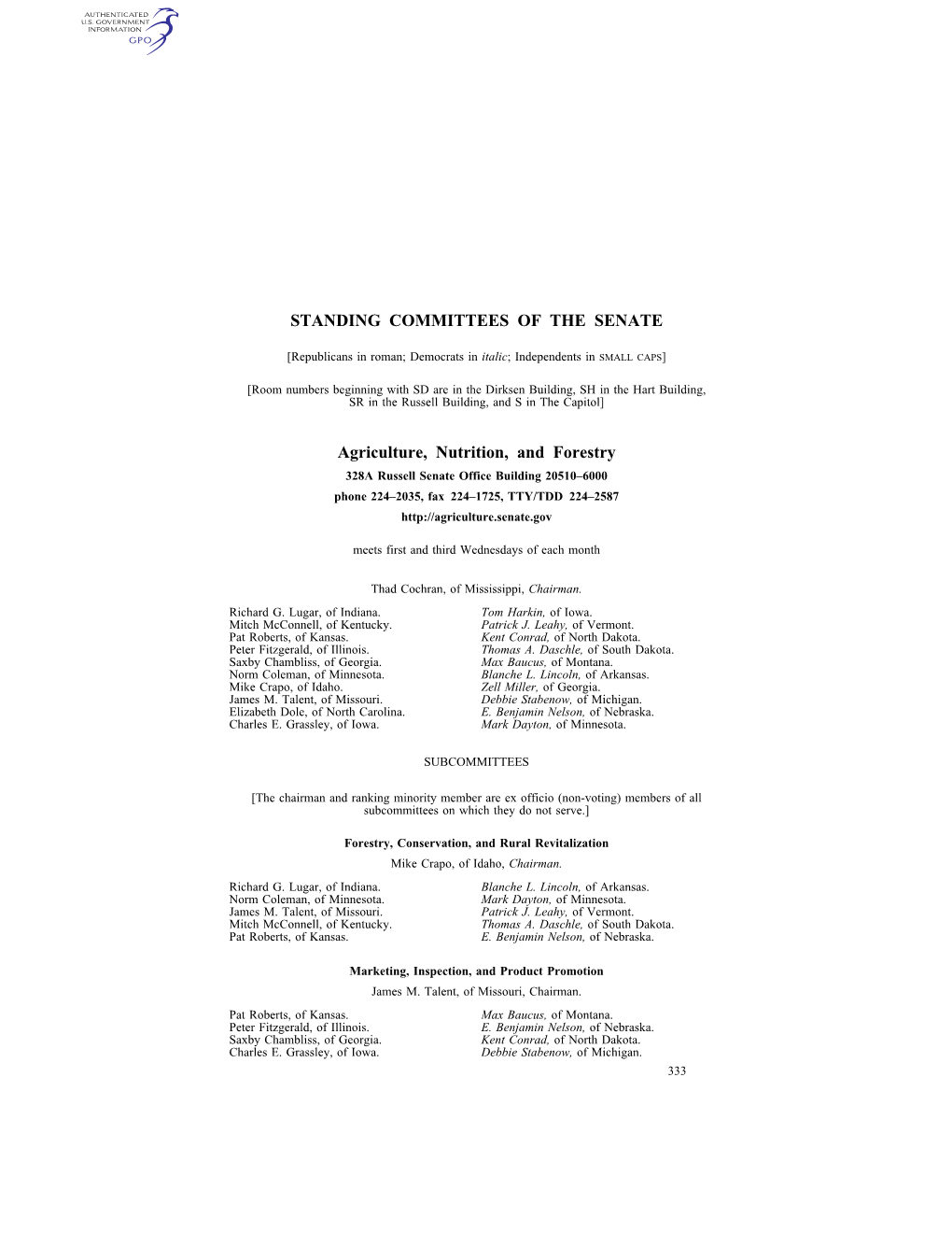 Standing Committees of the Senate