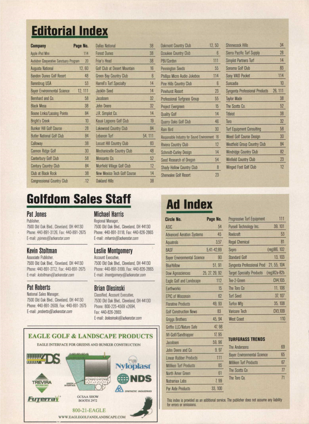 Editorial Index Golfdom Sales Staff Ad Index