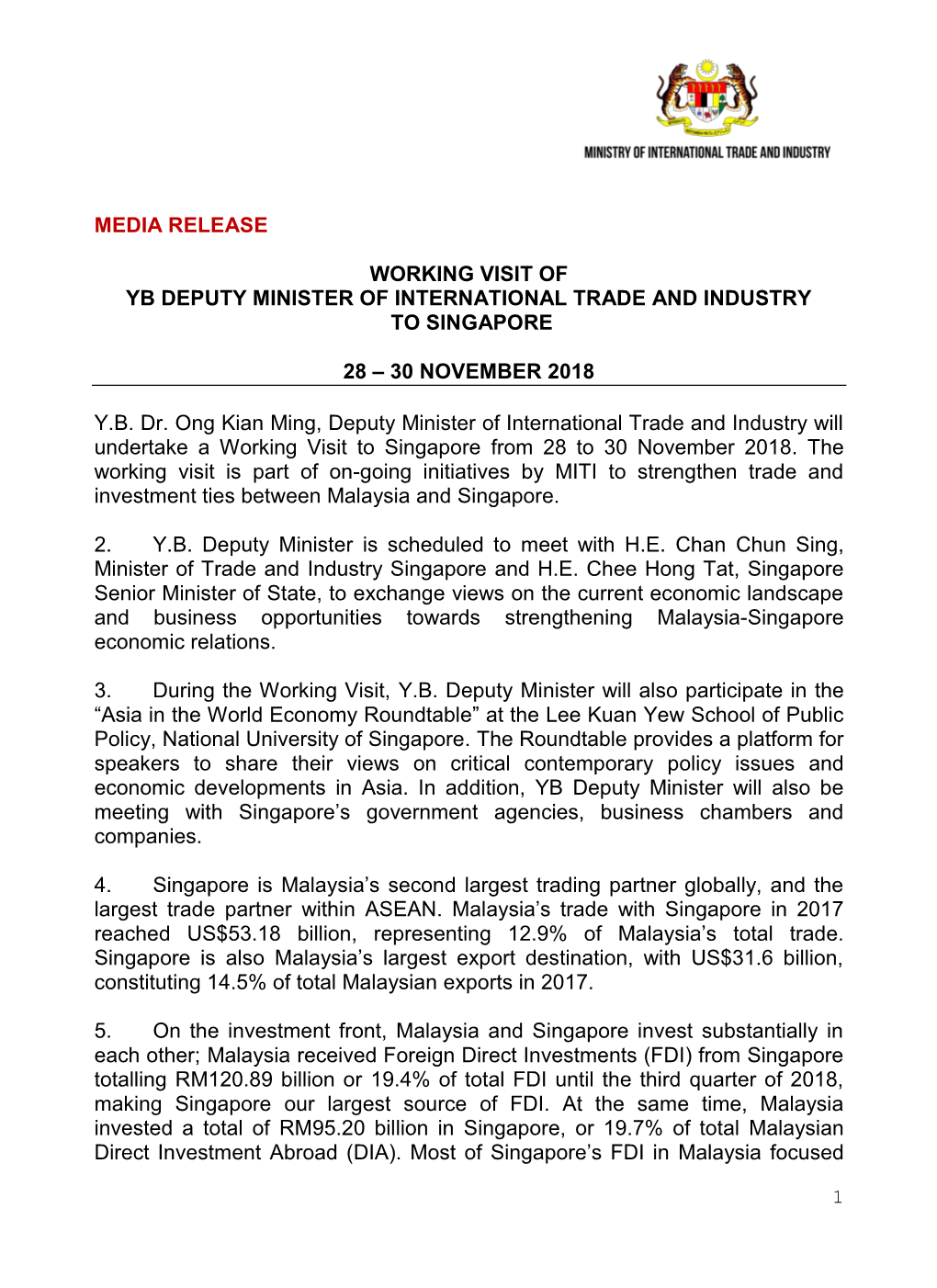 Media Release Working Visit of Yb Deputy Minister Of