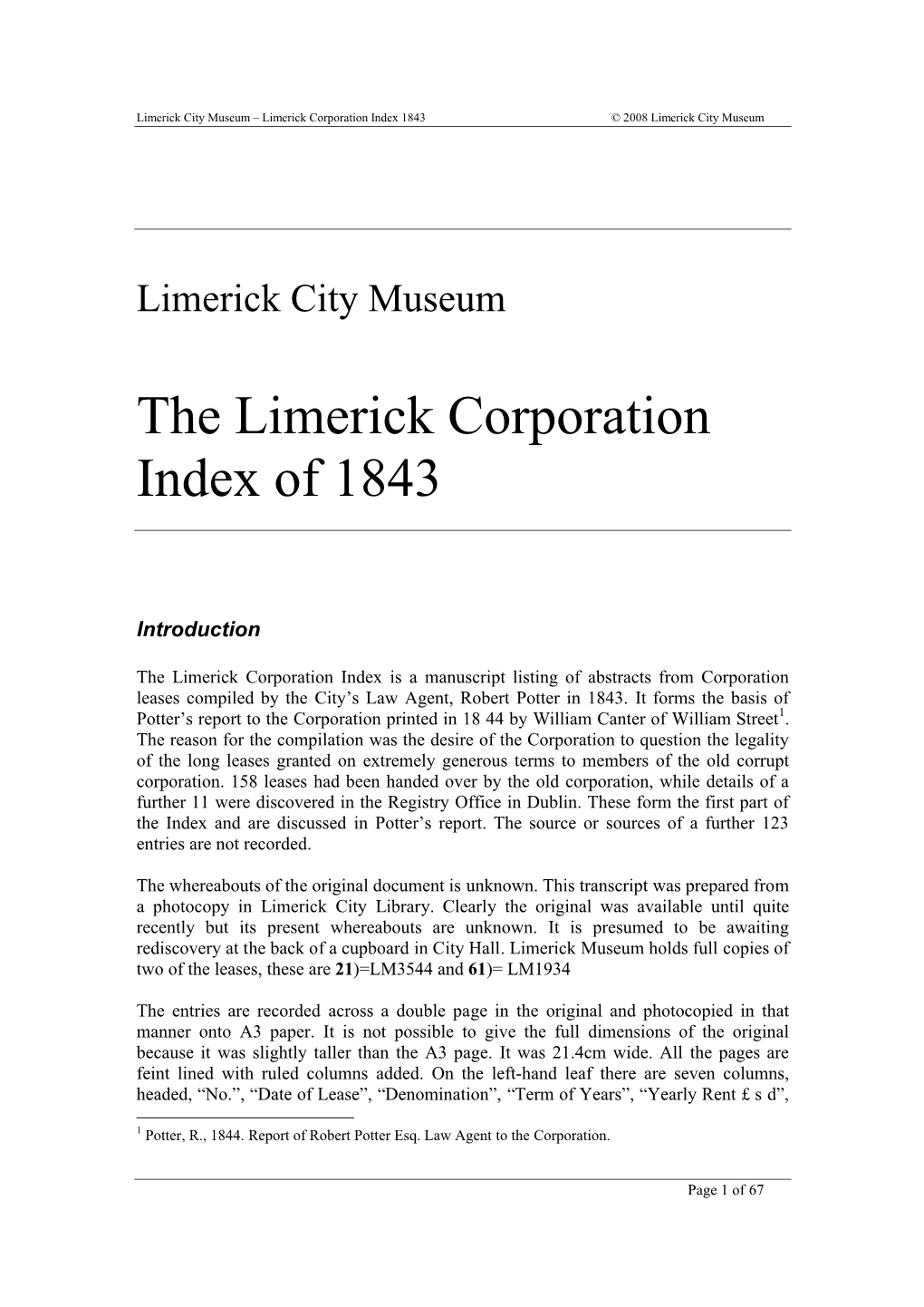 The Limerick Corporation Index of 1843
