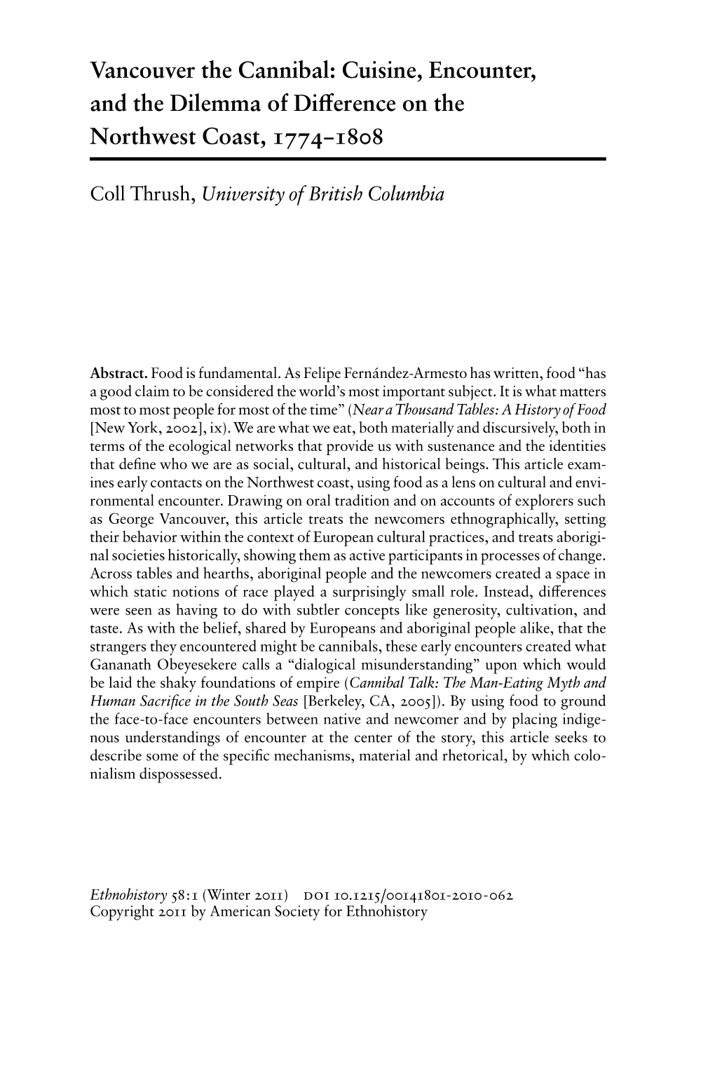 Vancouver the Cannibal: Cuisine, Encounter, and the Dilemma of Difference on the Northwest Coast, 1774–1808