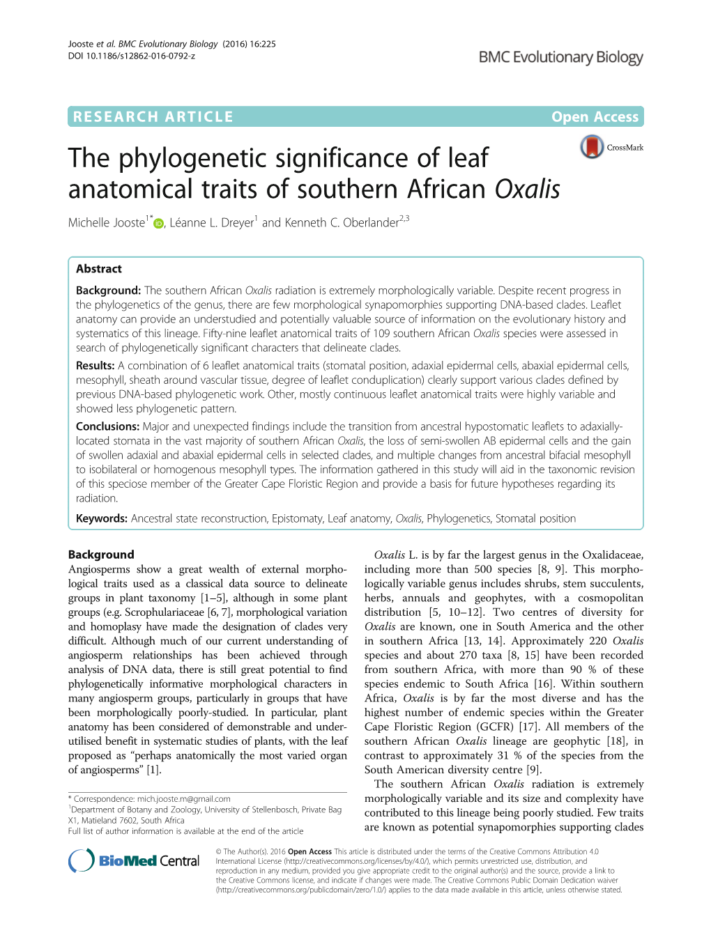 The Phylogenetic Significance of Leaf Anatomical Traits of Southern African Oxalis Michelle Jooste1* , Léanne L