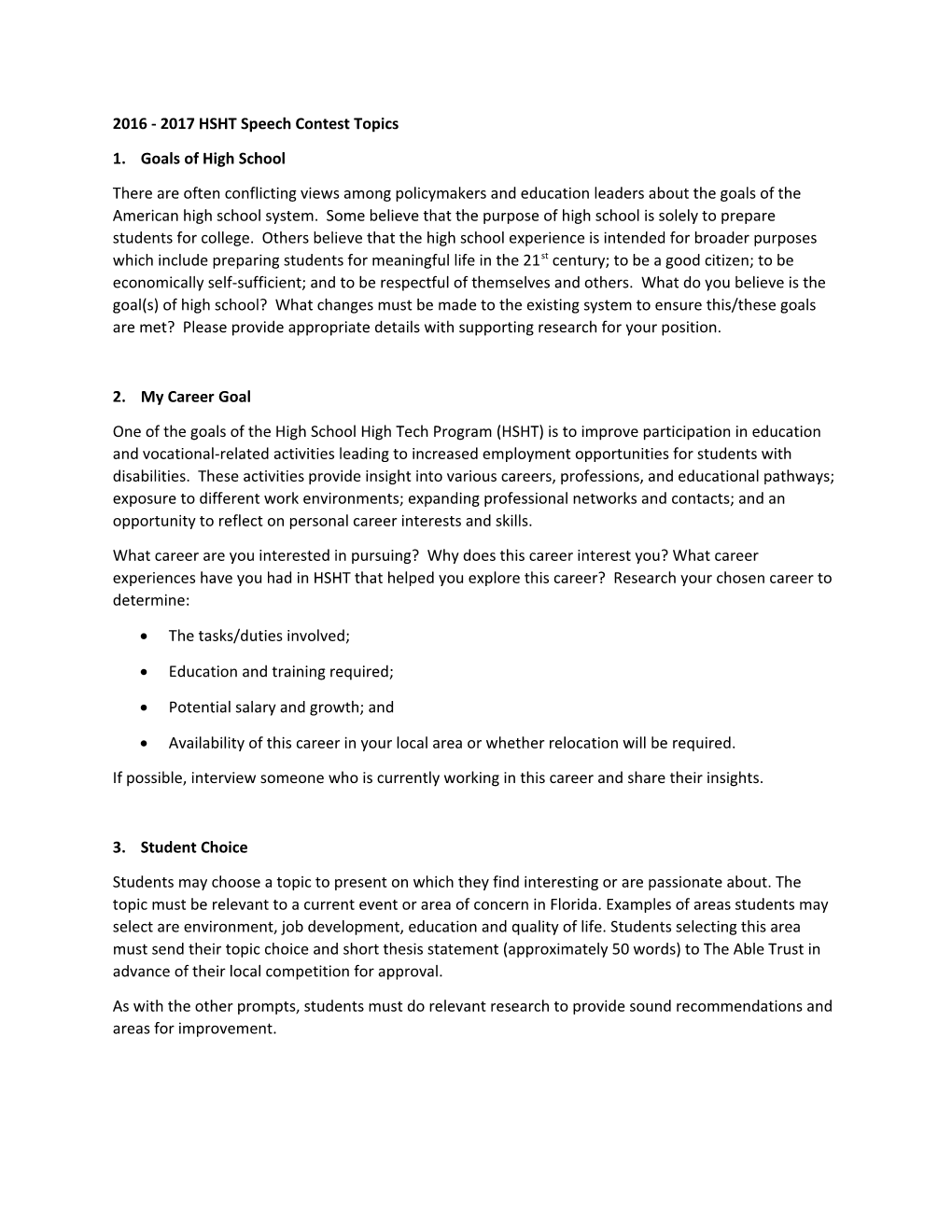 2016 - 2017 HSHT Speech Contest Topics