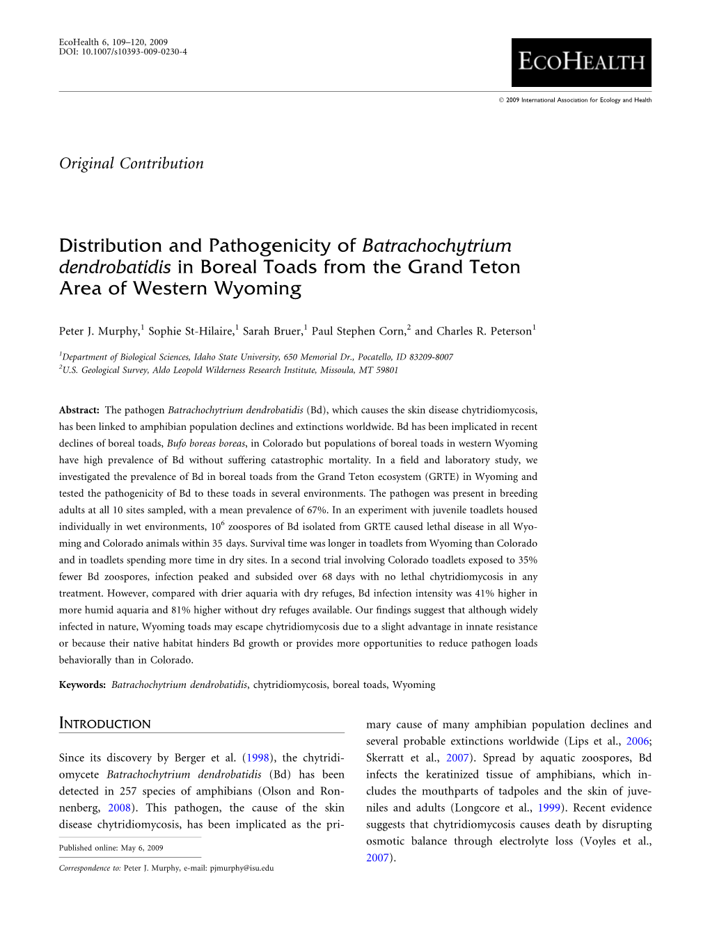 Distribution and Pathogenicity of Batrachochytrium Dendrobatidis in Boreal Toads from the Grand Teton Area of Western Wyoming