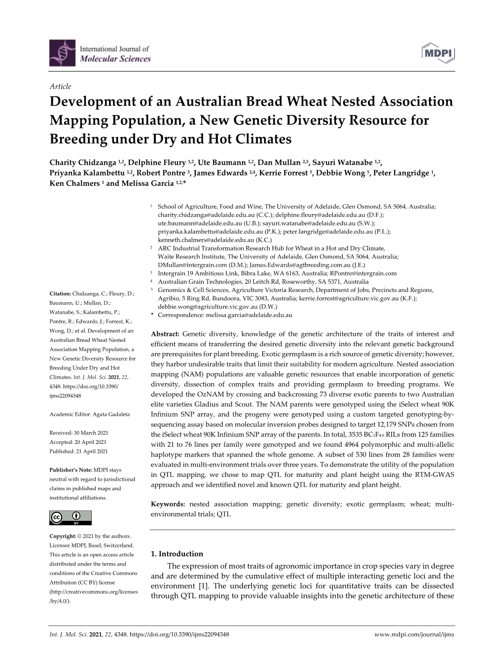Development of an Australian Bread Wheat Nested Association Mapping Population, a New Genetic Diversity Resource for Breeding Under Dry and Hot Climates
