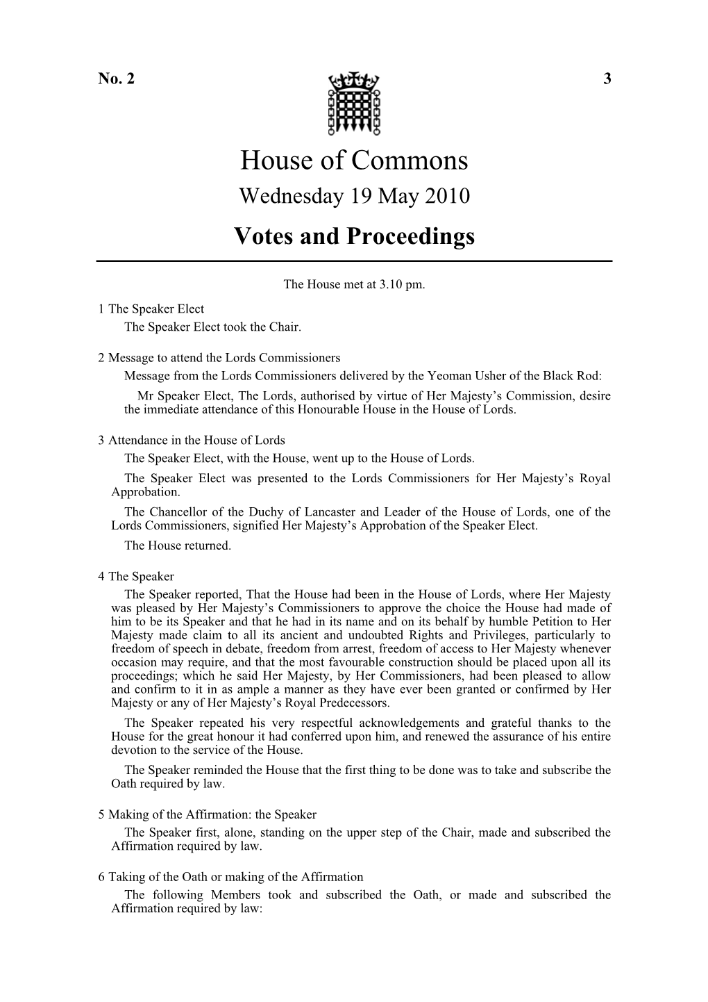 House of Commons Wednesday 19 May 2010 Votes and Proceedings