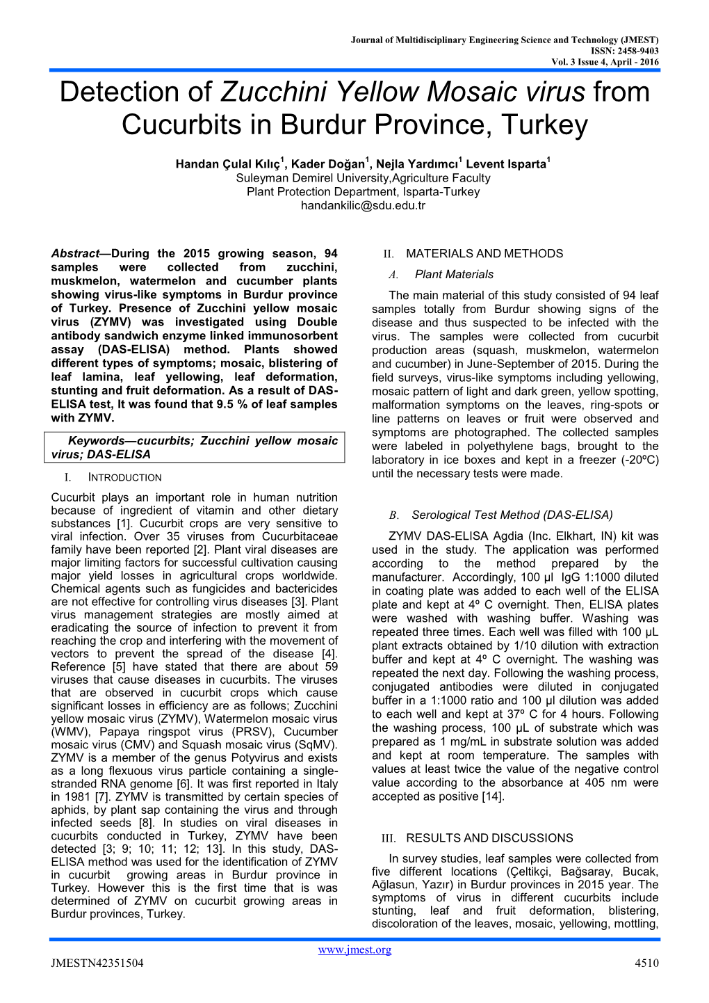 Detection of Zucchini Yellow Mosaic Virus from Cucurbits in Burdur Province, Turkey