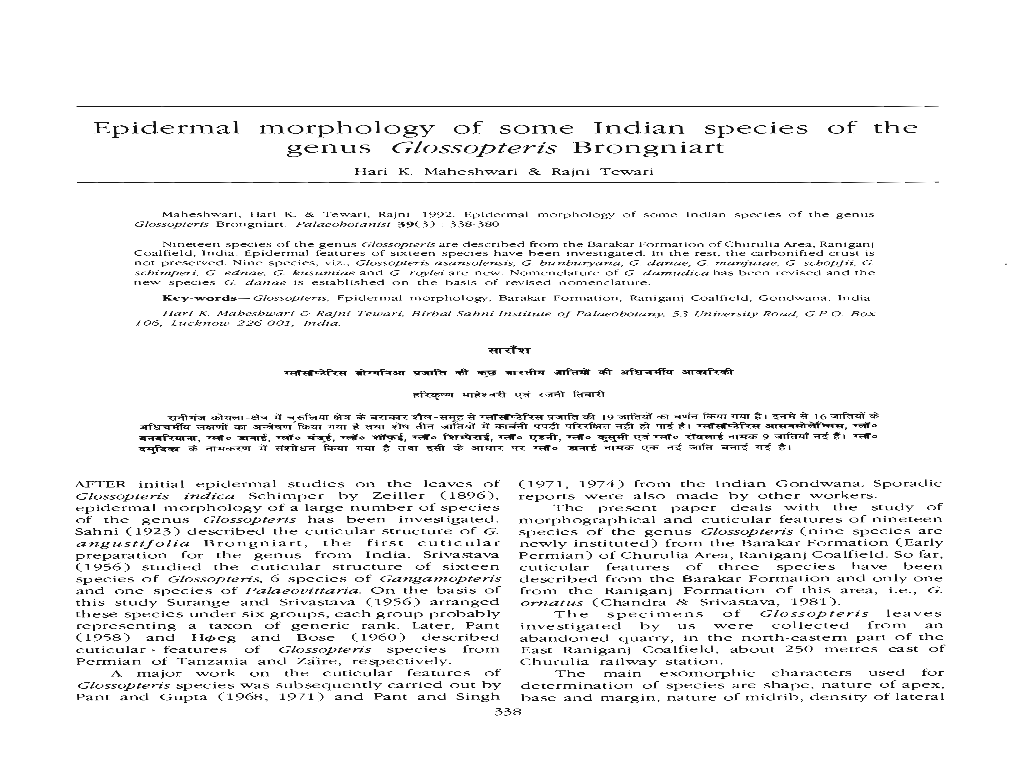 Epidermal Morphology of Some Indian Species of the Genus Glossopteris Brongniart