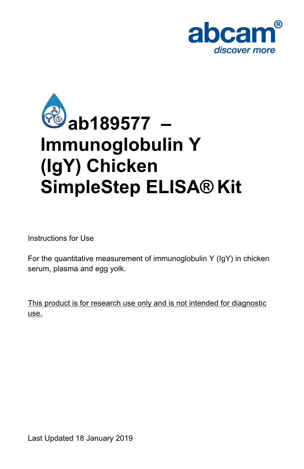 Ab189577 – Immunoglobulin Y (Igy) Chicken Simplestep ELISA® Kit